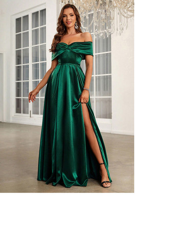Зеленое вечернее платье с открытыми плечами SHEIN однотонное