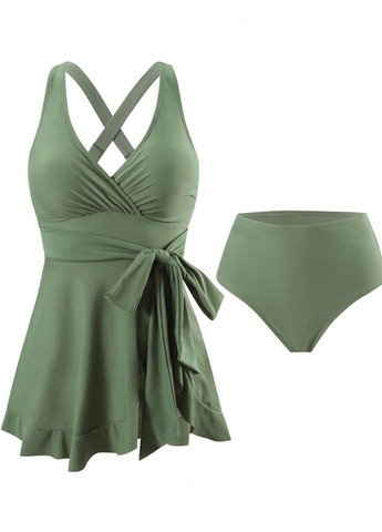 Серо-зеленый летний купальник (платье, трусики) купальник-платье, раздельный SHEIN