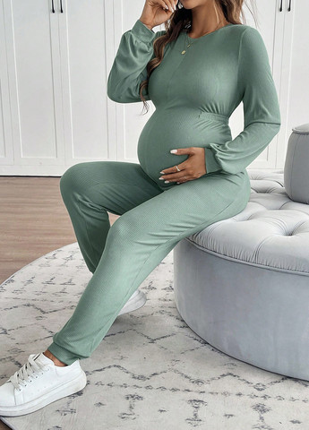 Комбінезон для вагітних SHEIN комбінезон-брюки однотонний м'ятний кежуал трикотаж, віскоза