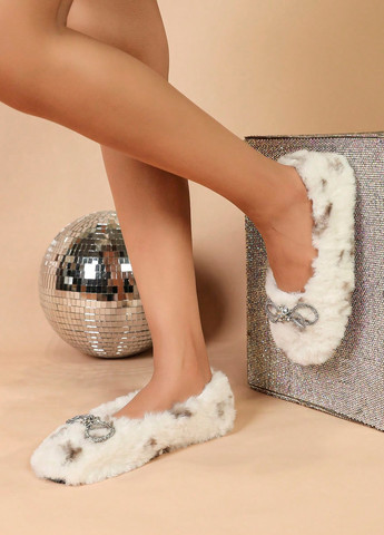Жіночі балетки SHEIN | білі анімалістичні бант, стрази штучне хутро (324630195)