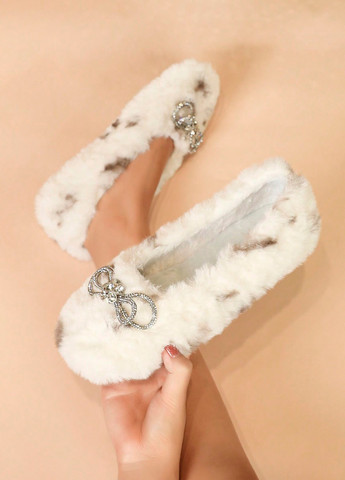 Жіночі балетки SHEIN | білі анімалістичні бант, стрази штучне хутро (324630195)