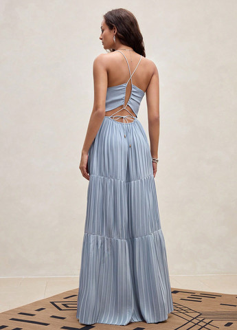 Сіро-голубий кежуал сукня з відкритими плечима, плісована SHEIN однотонна