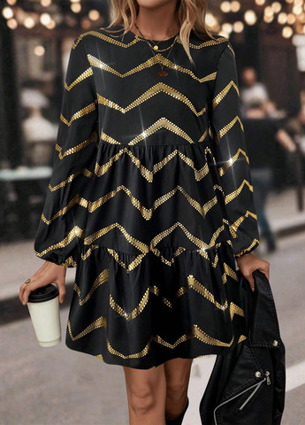 Комбінована вечірня, кежуал сукня кльош, бебі долл SHEIN з геометричним візерунком