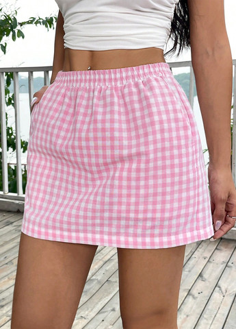 Светло-розовая кэжуал в клетку юбка SHEIN колокол