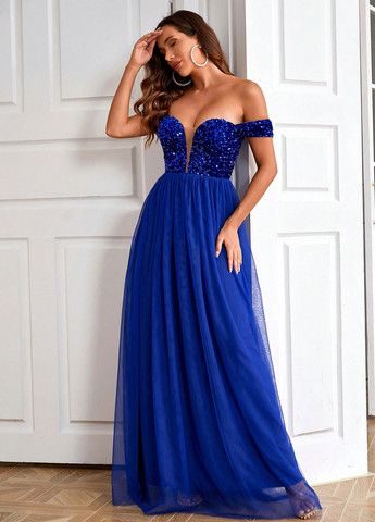 Синее вечернее платье клеш, с открытыми плечами SHEIN однотонное