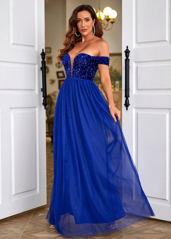 Синее вечернее платье клеш, с открытыми плечами SHEIN однотонное