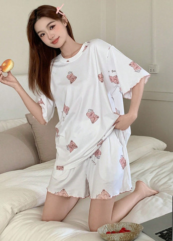 Біла всесезон піжама (футболка, шорти) футболка + шорти SHEIN