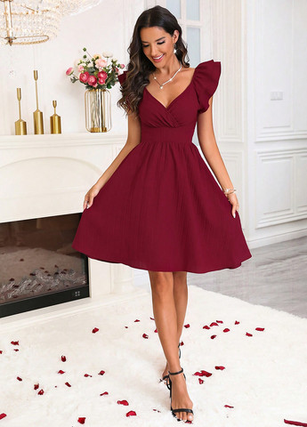 Бордовое праздничный, коктейльное платье клеш SHEIN однотонное