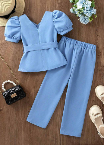 Синий летний костюм (блуза, брюки) SHEIN
