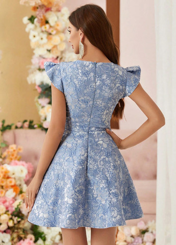 Синя коктейльна сукня з спідницею-сонце SHEIN з квітковим принтом