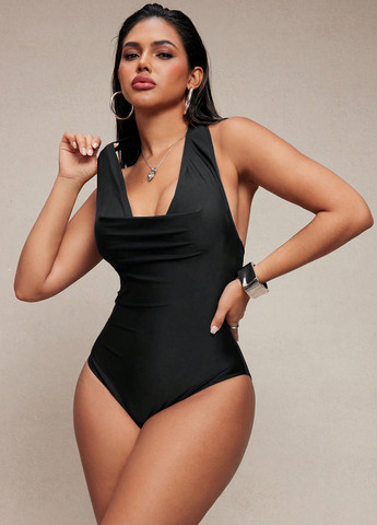 Чорний демісезонний купальник суцільний, халтер SHEIN