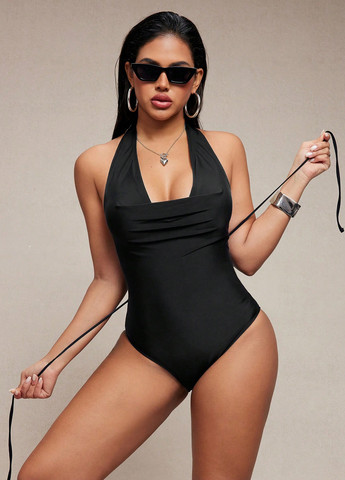 Чорний демісезонний купальник суцільний, халтер SHEIN