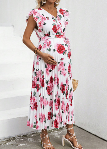 Білий кежуал плаття для вагітних на запах, плісована SHEIN троянди