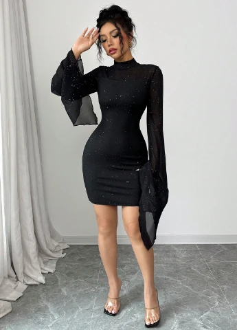 Черное коктейльное платье силуэтная SHEIN с узором «перец с солью»