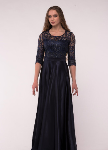 Темно-синя весільна нарядна сукня в пол спідниця-сонце з спідницею-сонце Marselin з орнаментом
