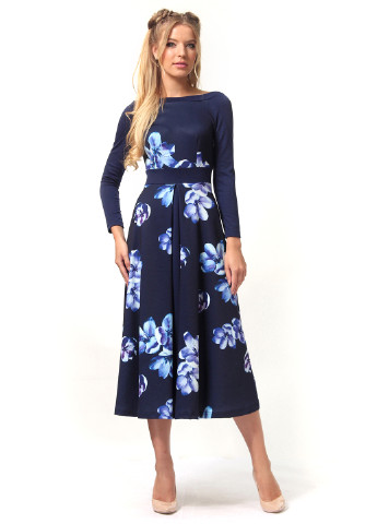 Темно-синя кежуал сукня, сукня кльош Lila Kass з квітковим принтом