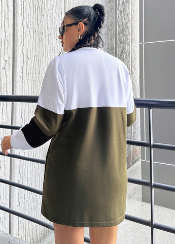 Оливковое (хаки) кэжуал платье платье-свитшот SHEIN колор блок