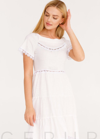 Белое кэжуал светлое льняное платье Gepur однотонное