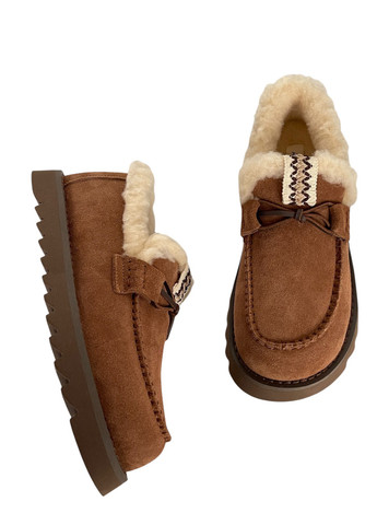 Коричневые слипоны ALLSY с вышивкой, с мехом, со шнуровкой однотонные