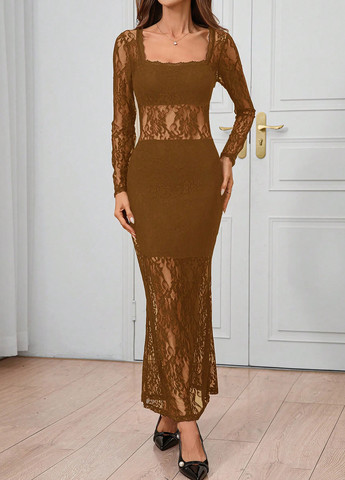 Охра коктейльное, кэжуал платье силуэтная, годе SHEIN однотонное