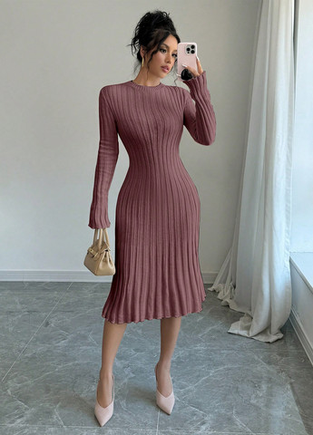 Кофейное кэжуал платье платье-свитер SHEIN однотонное