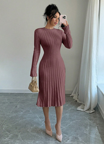 Кофейное кэжуал платье платье-свитер SHEIN однотонное