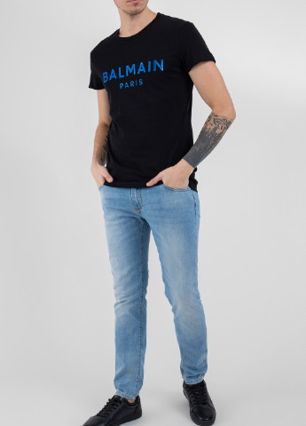 Синяя бледно-розовая футболка с логотипом Balmain