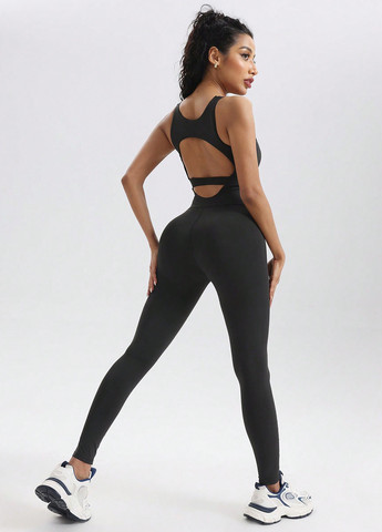 Комбинезон SHEIN комбинезон-брюки однотонный чёрный спортивный полиэстер