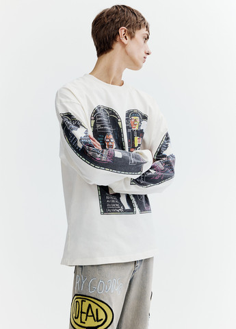 Лонгслів H&M малюнок молочний кежуали бавовна, трикотаж