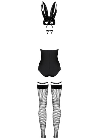 Черный демисезонный эротический игровой костюм (боди, чулки, подвязки, лента на шею, маска) Obsessive