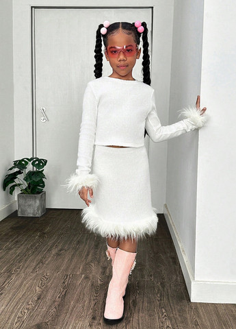 Белый демисезонный костюм (лонгслив, юбка) юбочный SHEIN