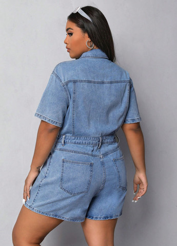 Комбинезон SHEIN комбинезон-шорты однотонный голубой денил хлопок, джинс