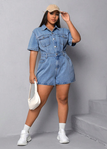 Комбинезон SHEIN комбинезон-шорты однотонный голубой денил хлопок, джинс