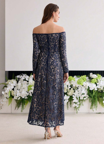 Темно-синее вечернее, праздничный платье с открытыми плечами SHEIN с цветочным принтом