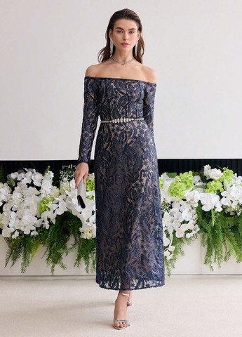 Темно-синее вечернее, праздничный платье с открытыми плечами SHEIN с цветочным принтом