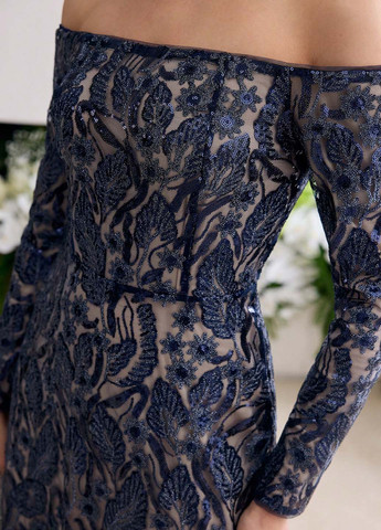 Темно-синее вечернее, праздничный платье с открытыми плечами SHEIN с цветочным принтом