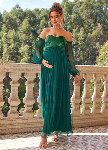 Изумрудное праздничный, вечернее платье для беременных с открытыми плечами, с открытой спиной SHEIN однотонное