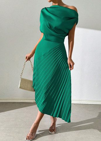 Зелена святковий, кежуал сукня плісована SHEIN однотонна