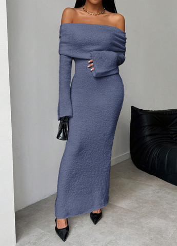 Серо-синее коктейльное, кэжуал платье с открытыми плечами, платье-свитер SHEIN однотонное