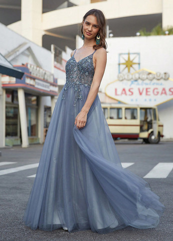 Серо-голубое вечернее платье с пышной юбкой, с открытой спиной SHEIN однотонное