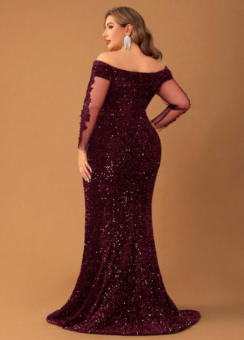 Бордовое вечернее платье годе, с открытыми плечами SHEIN с узором «перец с солью»