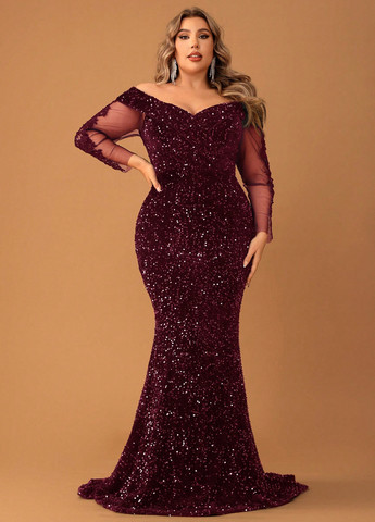 Бордовое вечернее платье годе, с открытыми плечами SHEIN с узором «перец с солью»