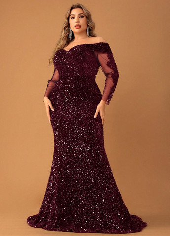 Бордовое вечернее платье годе, с открытыми плечами SHEIN с узором «перец с солью»