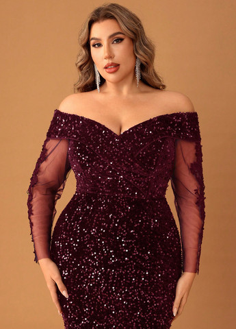 Бордовое вечернее платье годе, с открытыми плечами SHEIN с узором «перец с солью»