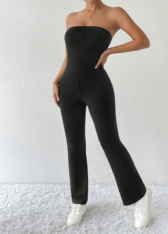 Комбінезон SHEIN комбінезон-брюки однотонний чорний кежуал поліестер, трикотаж