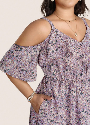 Фіолетова кежуал сукня на запах, з відкритими плечима SHEIN з квітковим принтом