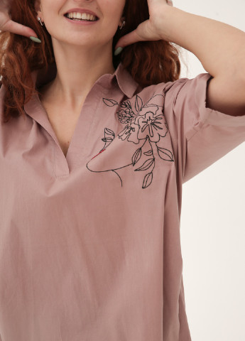 Бежевая демисезонная рубашка-туника оверсайз с модной вышивкой INNOE Блузка