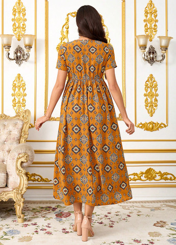 Оранжевое кэжуал платье а-силуэт SHEIN с рисунком