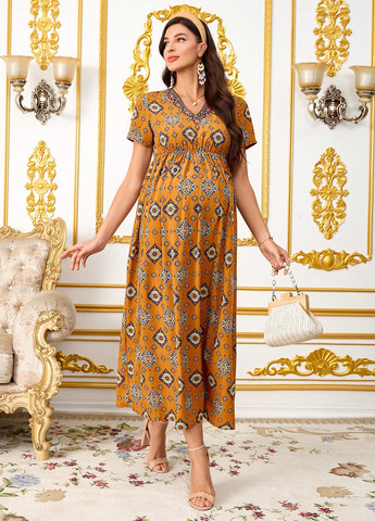 Оранжевое кэжуал платье а-силуэт SHEIN с рисунком