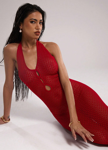 Темно-червона вечірня, пляжна сукня з відкритою спиною SHEIN однотонна